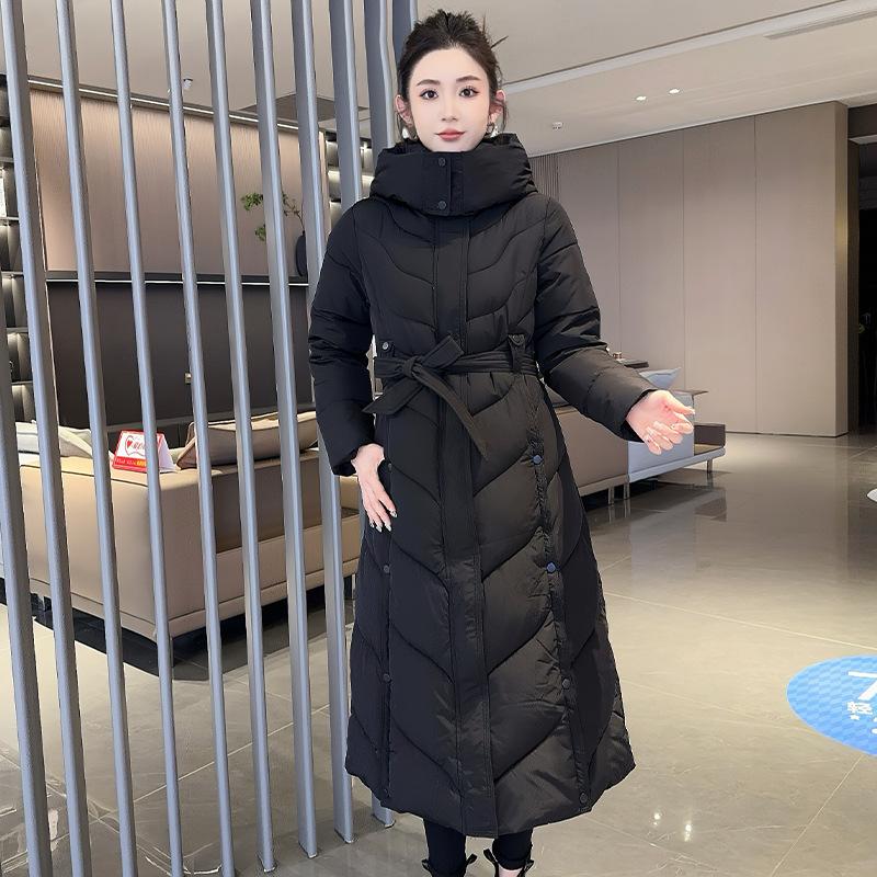 Hooded long waist cotton-padded jacket for women's thickened warm and thin jacket, winter new knee-sized cotton-padded jacket