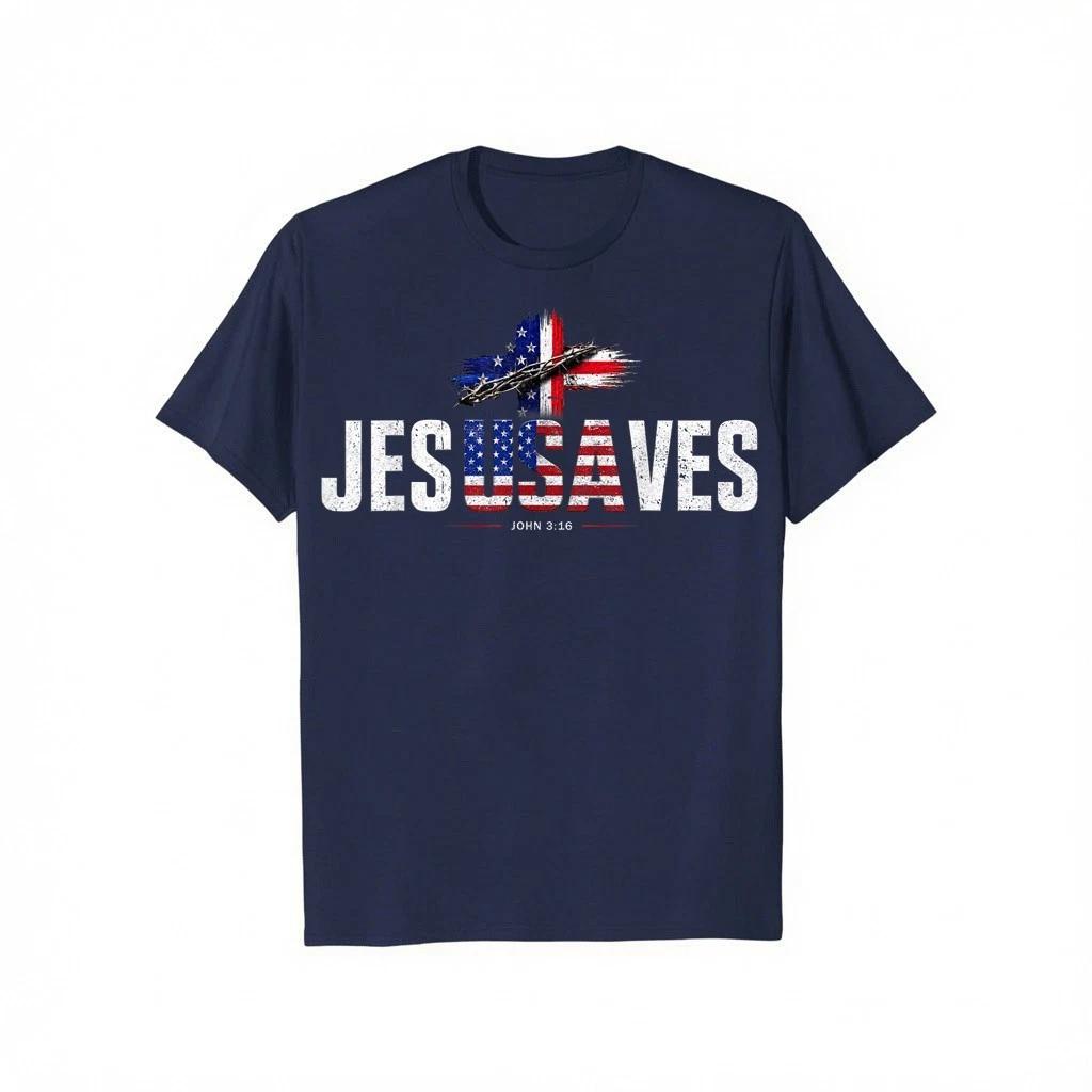 Jesus Saves Cross Subtle Christian Religious Faith USA Flag T-Shirt