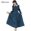 Mori Girl, осенне-зимнее женское длинное платье-рубашка, синее винтажное платье на пуговицах с бисером, вельветовое элегантное женственное платье с поясом