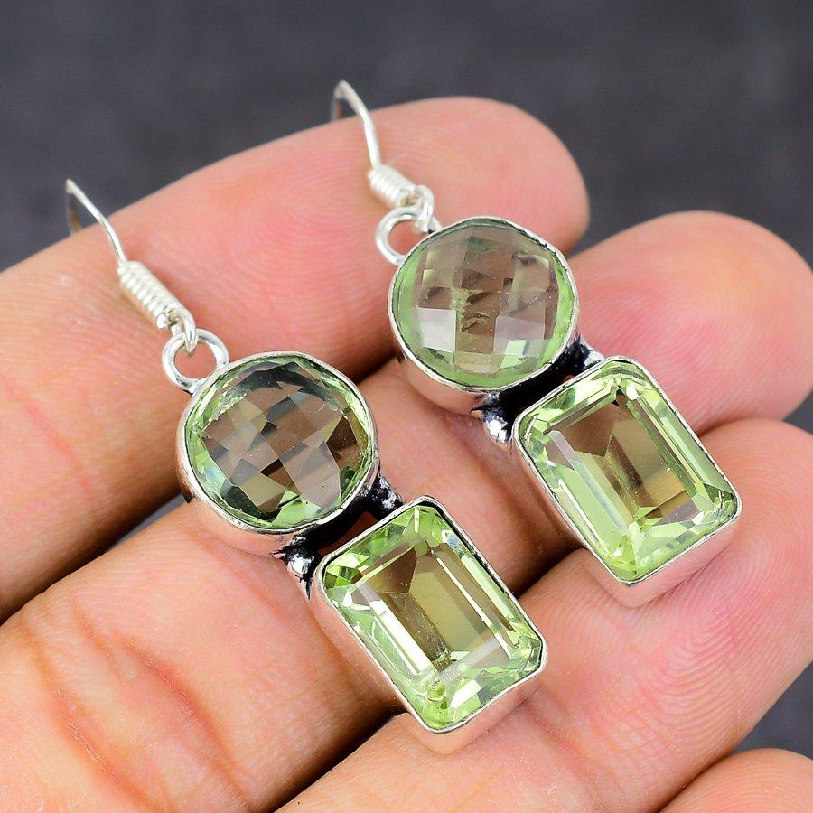 Серьги из серебра 925 пробы с драгоценным камнем зеленого аметиста ручной работы 1,97 дюйма c6d92