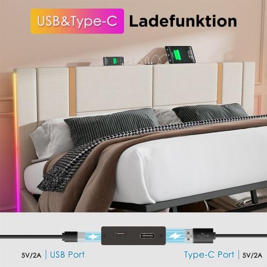Platform Bed 90/140/160x200CM Double with USB Type-C Charging Station APP Control LED Slatted Frame Wooden Storage Space Modern Beige Linen