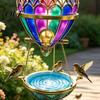 Outdoor Bird Water Station Stained Glass Hot Air Balloon Feeder Fountain, Hanging with Fountain Iridescent Garden Accent Tray, Vintage Bronze