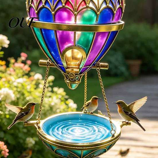 Outdoor Bird Water Station Stained Glass Hot Air Balloon Feeder Fountain, Hanging with Fountain Iridescent Garden Accent Tray, Vintage Bronze