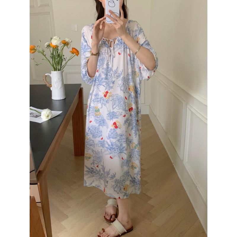 1011 new cotton and silk nightdress women's high-end printing short-sleeved long dress large size thin can be worn outside loungewear