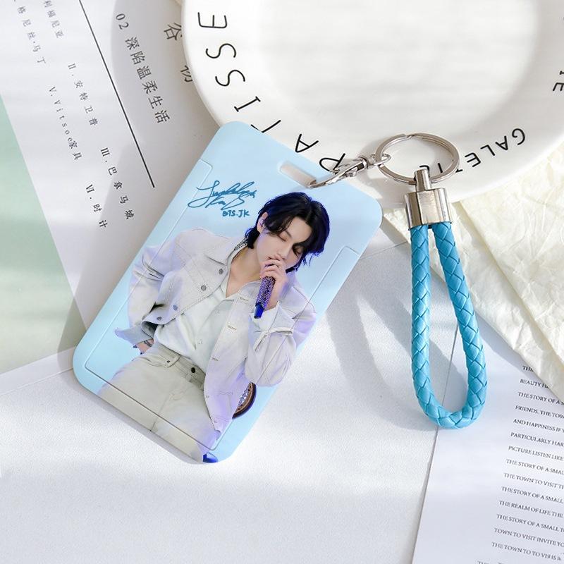 BTS Sliding Photocard Holder, Protective ID Badge Card Case with Braided Keychain Strap, Student Campus Bus Meal Card Protector Merch for ARMY