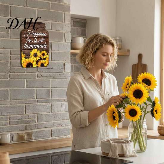 Rustic Wall Art Decor Mason Jar Shape Decoration, Wooden with Sunflower Print, Housewarming Gifts for New Home Retro Hanging Farmhouse Kitchen Living