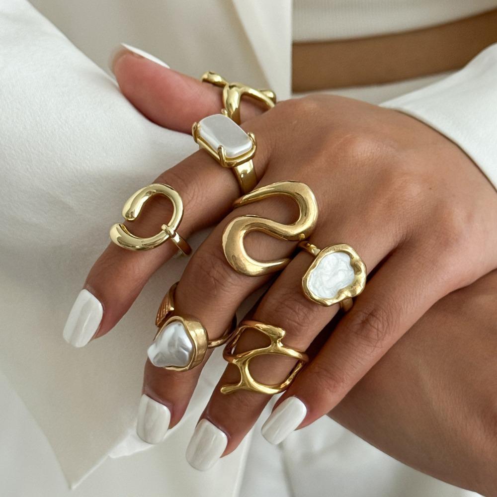 7pcs Set Exaggerated Trendy Irregular Geometric Glossy Metal Inlaid Baroque Imitation Pearl Opening Ring for Women Jewelry Sets