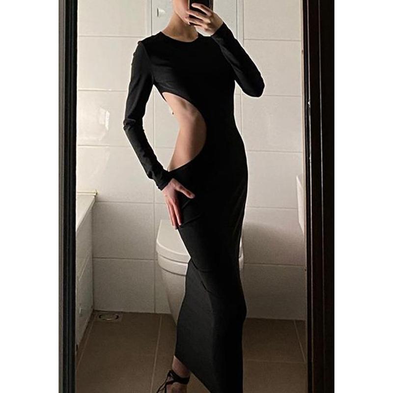 Elegant Sexy Party Hollow Out High Waist Black Dress Women Long Sleeve Slim Fit Casual Long Dress for Women Fashion Street Y2K Evening Dress 26182