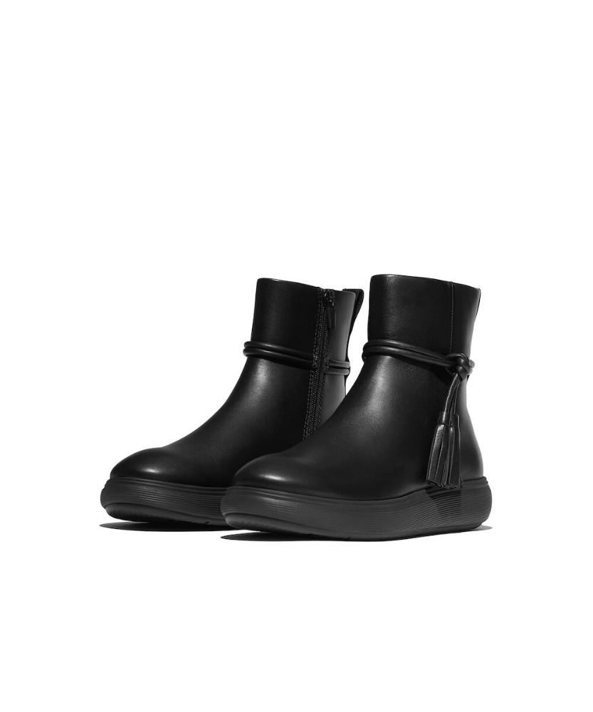Fitflop [Iq-Comff] Women'S Leather Tassel Short Boots - All Black (Ft59K2B125)