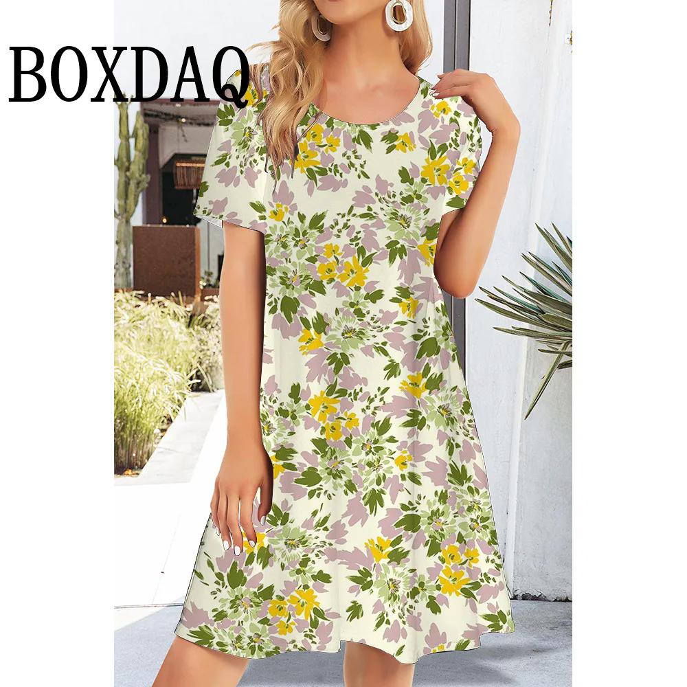 2025 Новые женские платья с цветочным принтом Летние элегантные платья А-силуэта Женские платья с коротким рукавом Модные свободные платья больших размеров