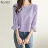 Women Casual Round Neck Loose 3/4 Sleeve Grid Blouse