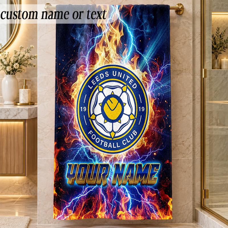 Пляжное полотенце Leeds United с индивидуальным именем и текстом, персонализированное, мягкое, для пляжа, бассейна, дома, декор, подарок