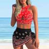 Женский купальник с бретелями, черно-белый купальник с коротким топом и бикини с принтом