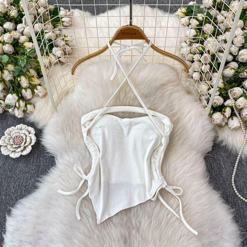 Gyaru Sexy Shoulder Strap Chest Pad Halter Top Women Summer Drawstring Slim Fit Slimming Irregular Short Top