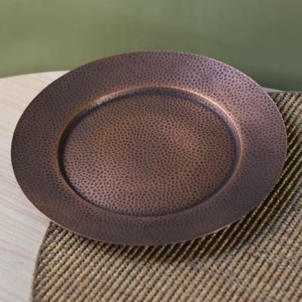 Round Shape Copper Snack Tray,Retro Engraving Luster Hammer Texture Home Food 28 cm Plate,Cheese Fruit Disc Table Decorationk