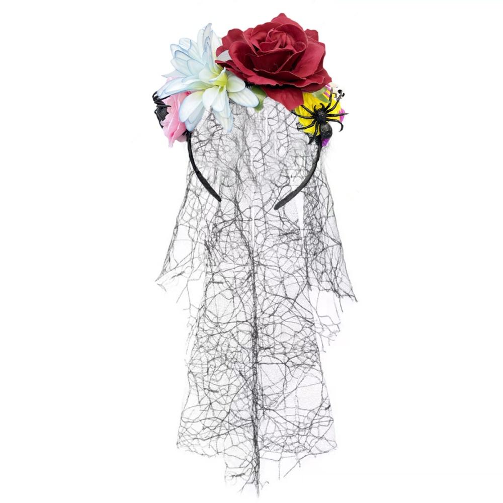 Day Of The Dead Headpiece Comfortable Skull Rose Headband Cosplay Crown Exaggerated Black Veil Floral Hair Band For Cosplay