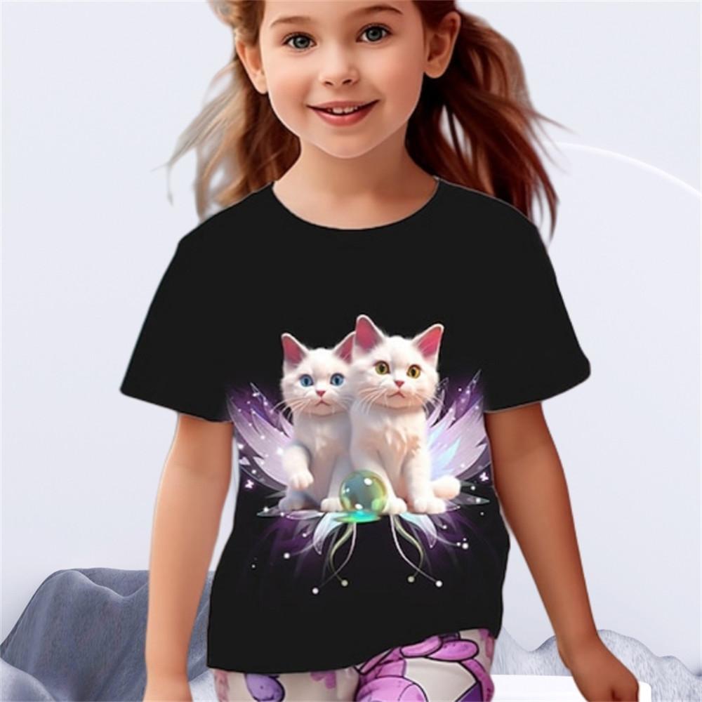 Детская одежда для мальчиков и девочек Футболка с принтом 3D Cat и короткими рукавами, топ с круглым вырезом