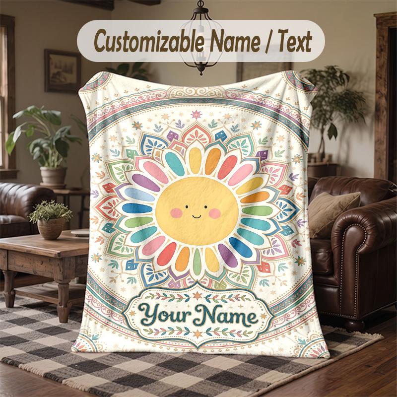 Sunburst Art Theme Throw Blanket Custom Name Text Personalized Blanket Soft Cozy Blanket for Home Sofa Bed