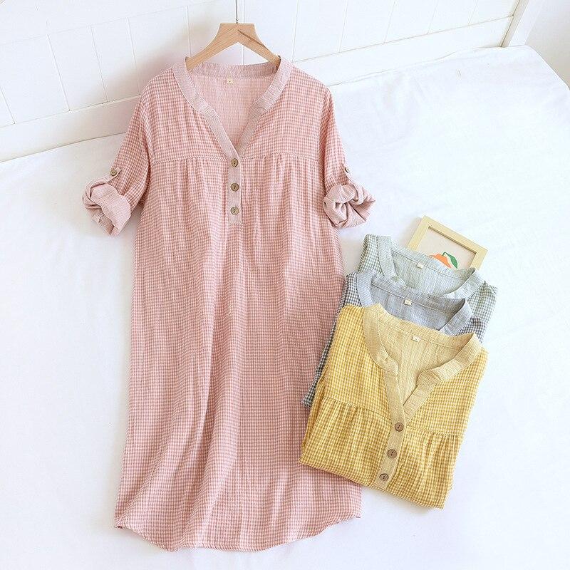 Spring and Autumn New Women's Long Skirt 100%cotton Gauze Plaid Nightdress Long-sleeved Home Skirt Simple V-neck Skirt Nightgown
