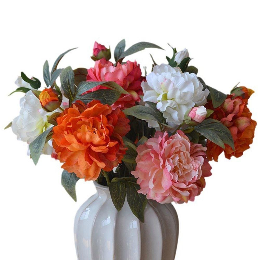 Silk Petals Simulation Peony Flower Green Lieaves Faux Flower Peony Artificial Flower Gift