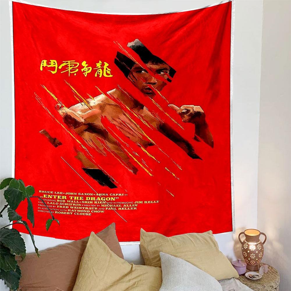 A martial artist emerges through dramatic, slashed red patterns. Patterned tapestry for bedroom and living room home decor