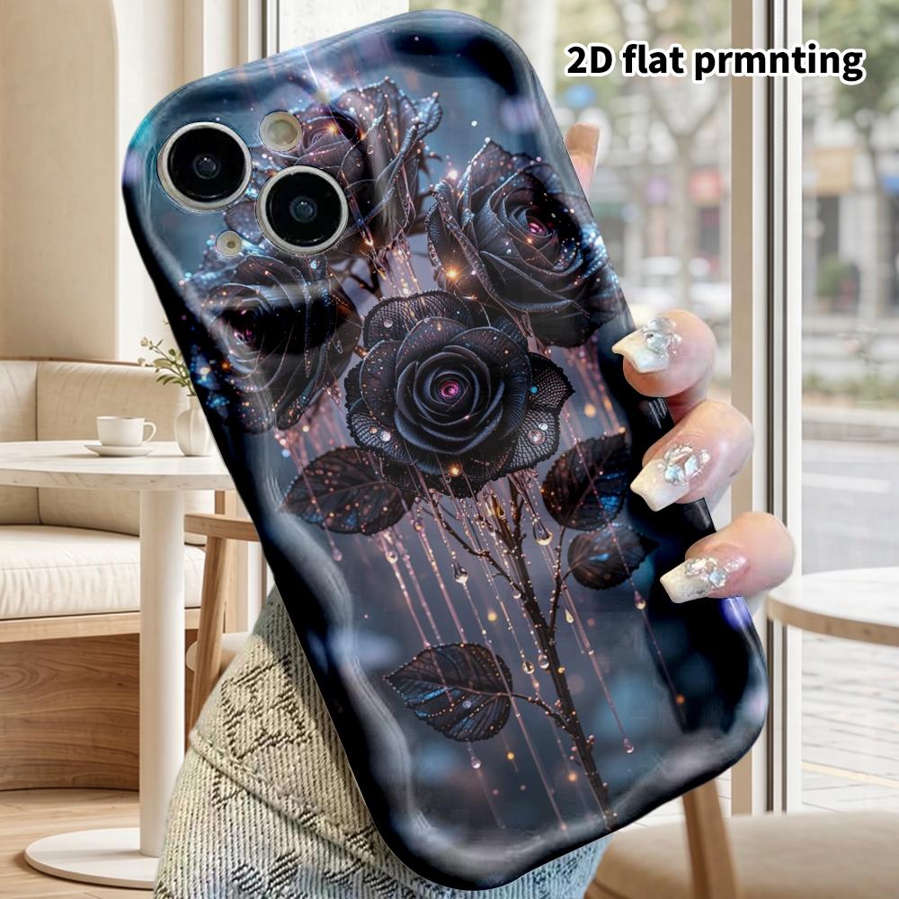Phone Case: 2D flat design suitable for iPhone 18, 17, 16, 15, 14, 13 Pro film protective case, couple style, four black crystal roses, Christmas and