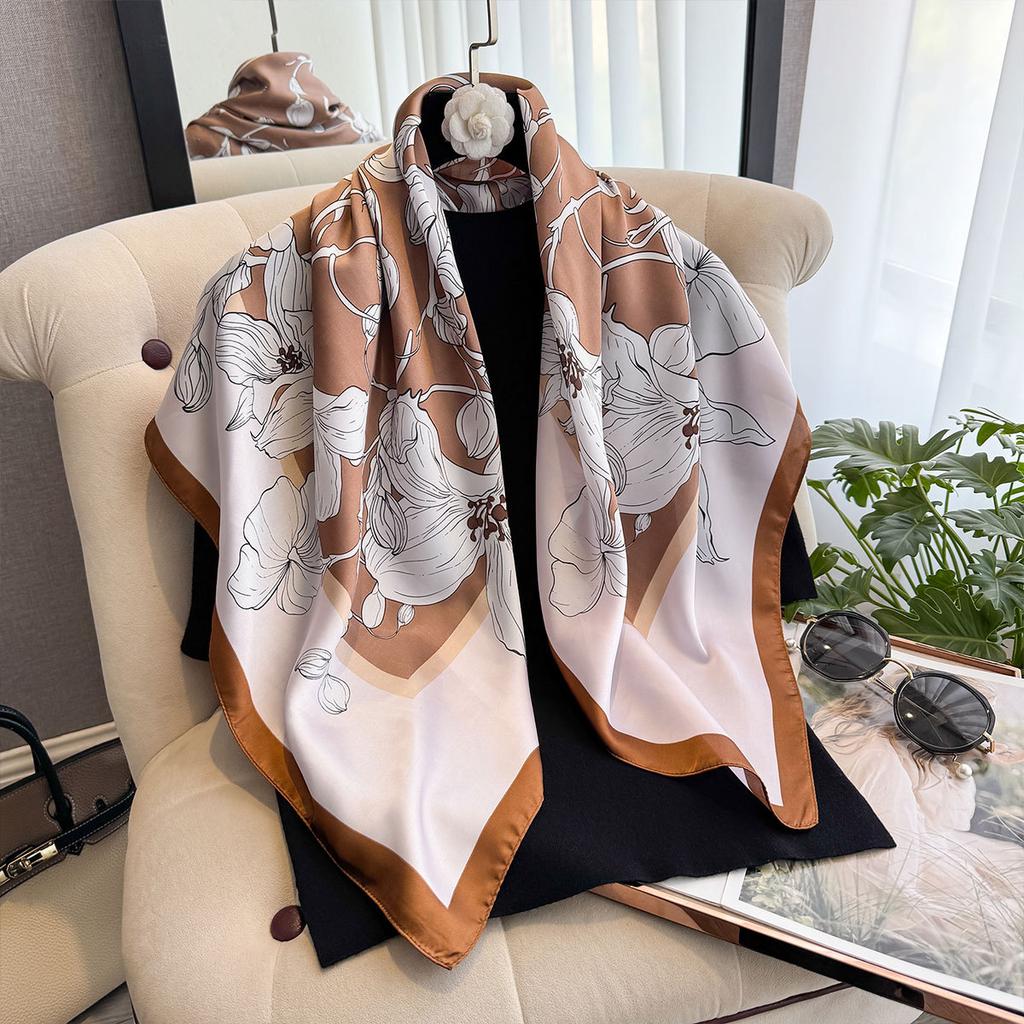 Spring And Summer 90Cm Silk Scarf Women'S Satin Printing Imitation Silk Scarf Large Square Scarf Temperament Shawl Bag Headscarf