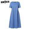GMXIA Women's Fashion Summer Spring Solid Color Print Short Sleeve O-Neck High Waist Casual Dresses