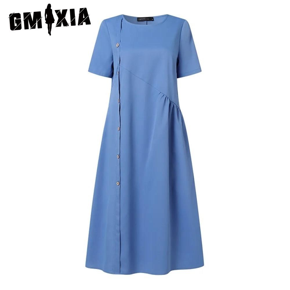 GMXIA Women's Fashion Summer Spring Solid Color Print Short Sleeve O-Neck High Waist Casual Dresses