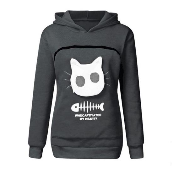 Women Spring Hoodie with Cat Nest Cartoon Print Big Zipper Pocket Hooded Long Sleeves Keep Warm Pullover Elastic Cuff Lady Hoodie Women Garment