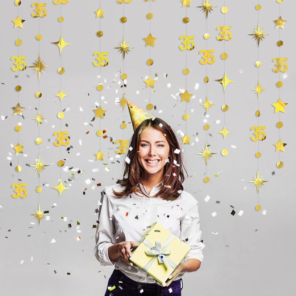 Золотые Украшения на 35-летие Цифра 35 Круглые Точки Мерцающая Звезда Гирлянда Металлическая Свисающая Лента Гирлянда Баннер Фон для Женщин Тридцать Пять
