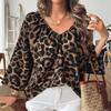 Bahor/Yoz Moda Ko'ylak Leopard Print Yarim Yengli V-Kesimli Ko'ylak Pullover Top
