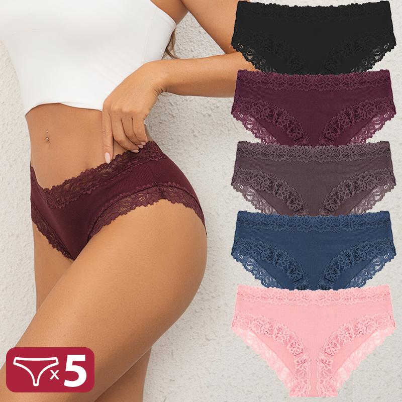 FINETOO 5 шт. Хлопковые трусики Женские трусы с цветочным кружевом Бесшовное сексуальное нижнее белье С низкой посадкой Эластичные трусы Женские Дышащие Мягкие