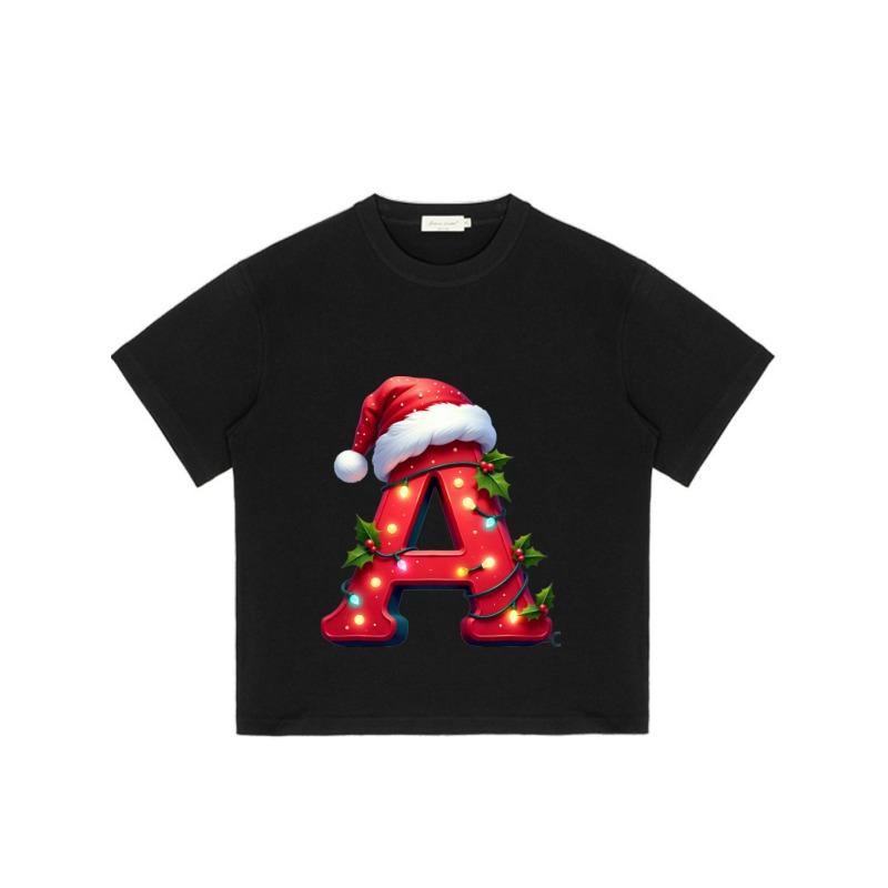 Christmas Letter A T-Shirt Black Santa Hat and Lights Print Holiday Party Wear