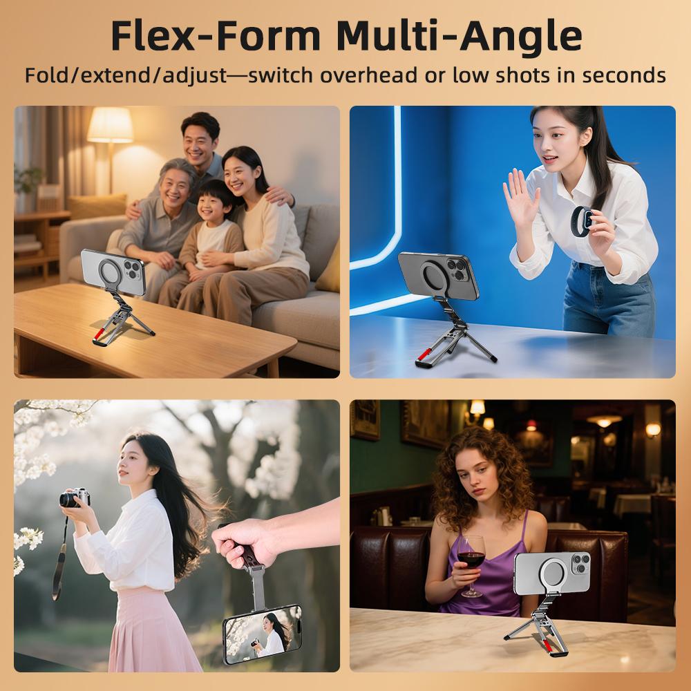 Flymile Magnetic Phone Tripod Folding for iPhone 18 Pro Max 17 15 14 Accessory Metal Carabiner Mount Compatible with MagSafe