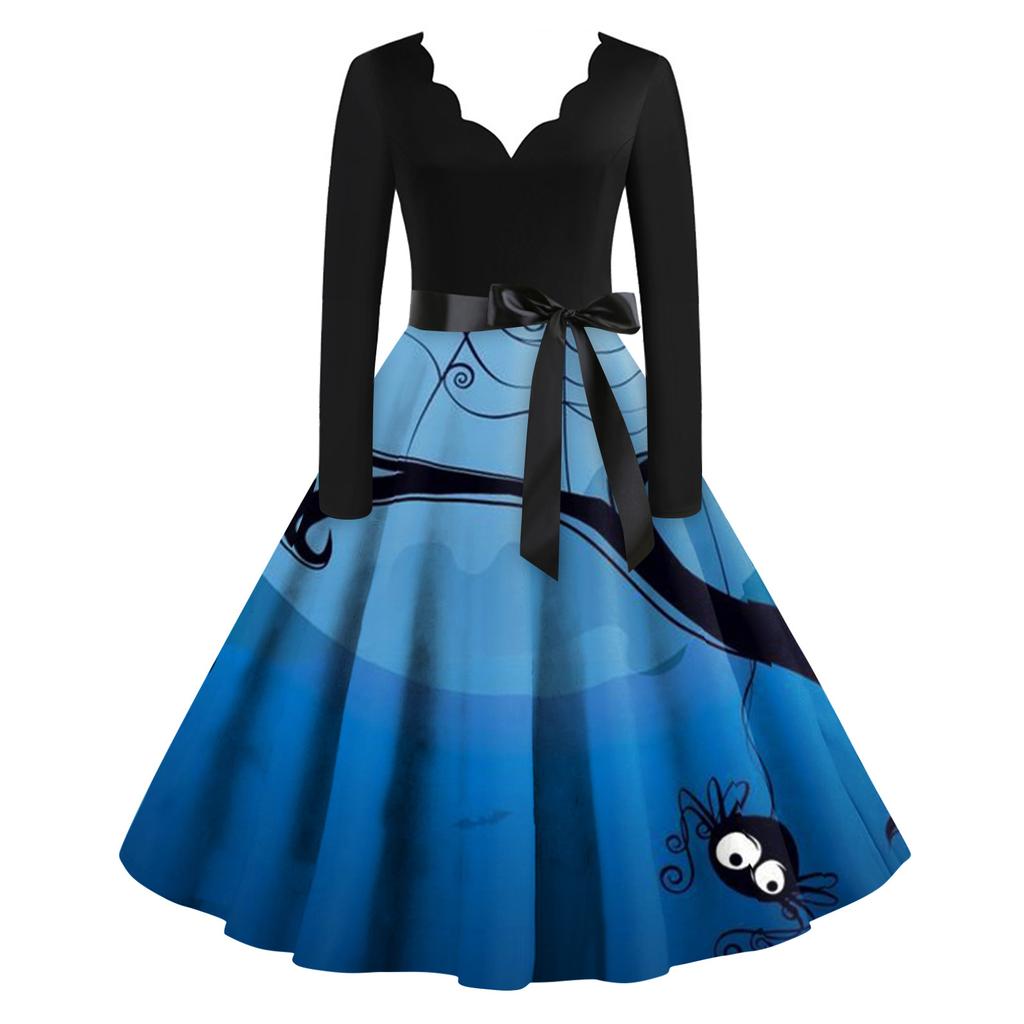Женское винтажное классическое платье с вырезом на талии и галстуком-бабочкой с длинными рукавами на Хэллоуин с принтом и V-образным вырезом, свободное платье