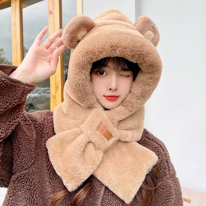 "2024 Bear Plush Hat & Scarf Set – Cute Winter Cycling Warmth"