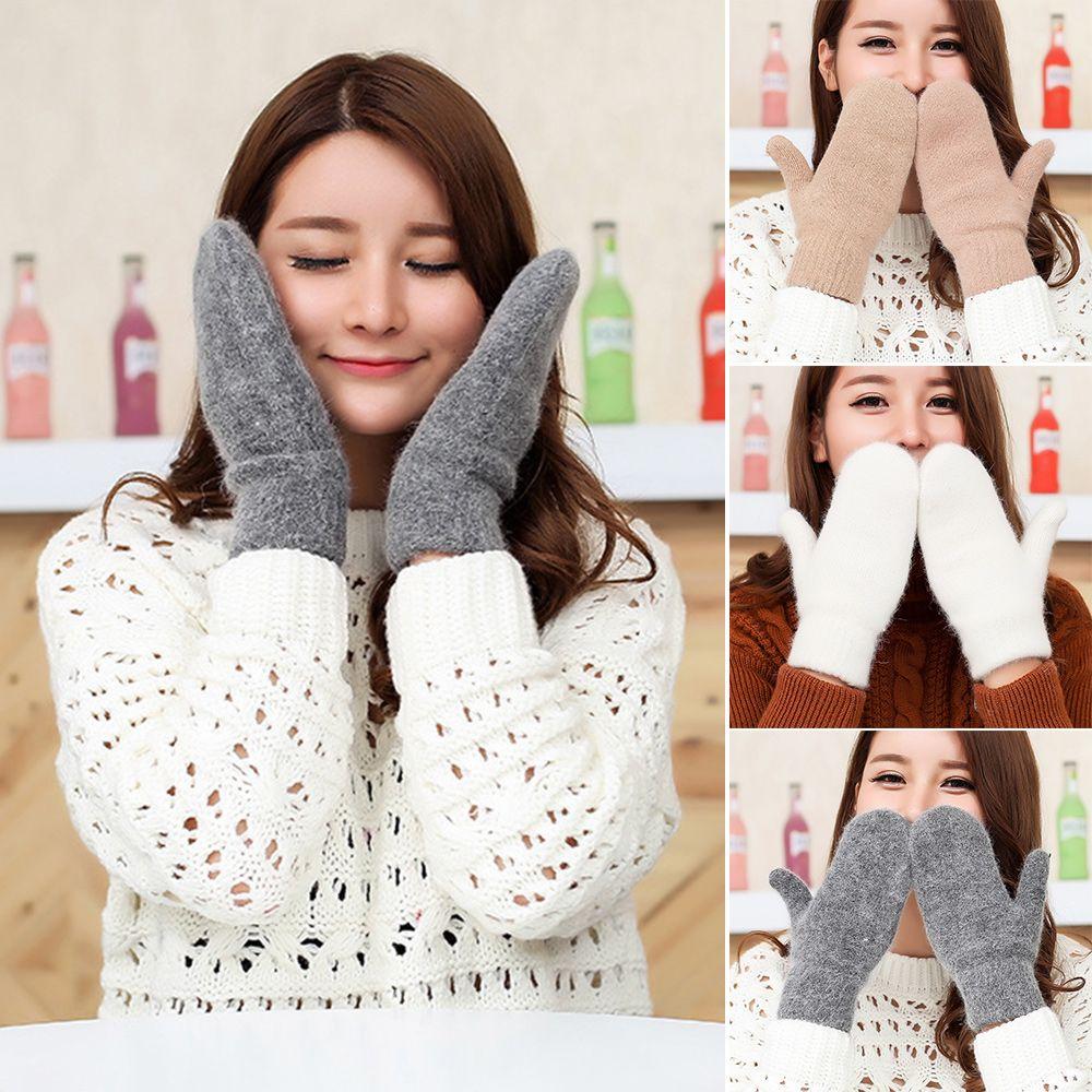 Fashion Plush Solid Color Rabbit Hair Mittens Winter Gloves Double Layer All Fingers