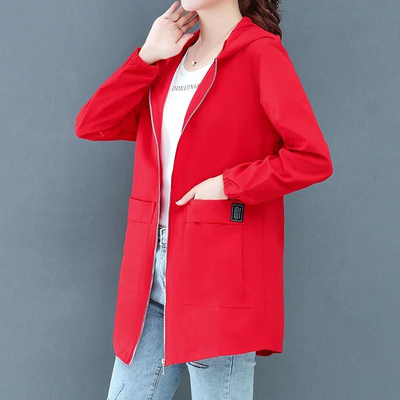 Женская осенняя повседневная ветровка средней длины большого размера, женская весенняя однотонная свободная куртка с длинными рукавами и капюшоном
