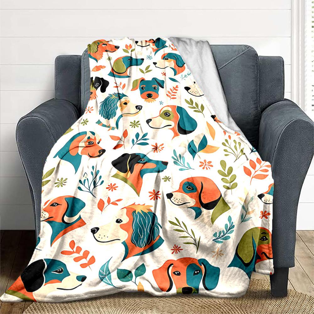 1pc Dogs Floral Lightweight Flannel Blanket, Comfortable and Warm Blanket, for Office and Camping Sofa Bed, Livingroom124