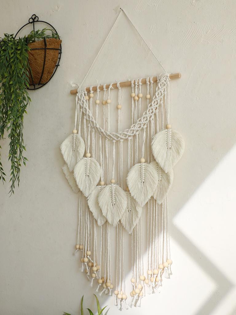 Boho Handwoven Art Tapestry with 9 Leaves and Wooden Beads, Country Wall Decor Tapestry, Nursery, or Dorm Room,  Decor Aesthetic