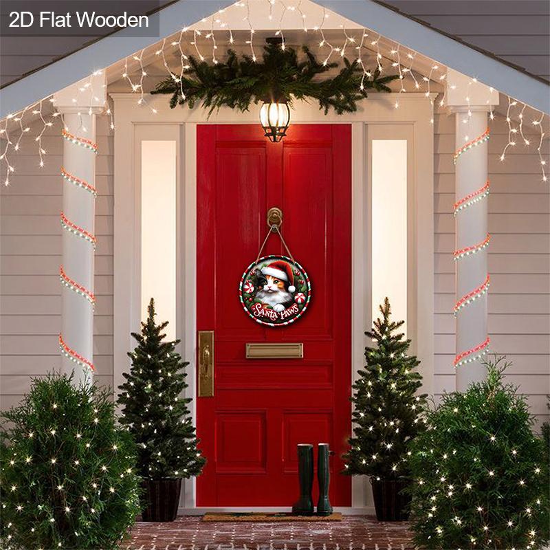 Christmas Wooden Sign with Cat & Santa Paws - Navidad Round Sign for Front Door, Wall Hanging Decor - Ideal Christmas Gift