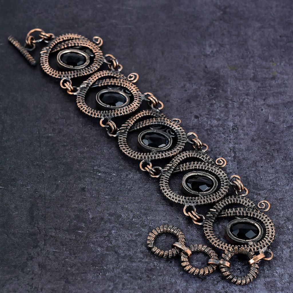 Natural Black Spinel Gemstone Handmade Copper Wire Wrap Bracelet 7-8" U3m48