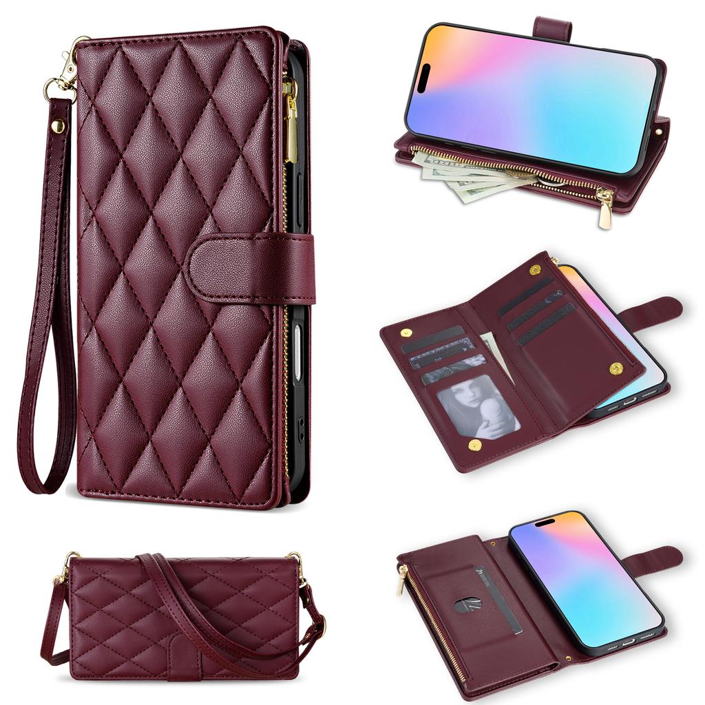 For iPhone 17 Case Rhombus Stitching Leather Wallet Phone Cover with Long/Short Strap