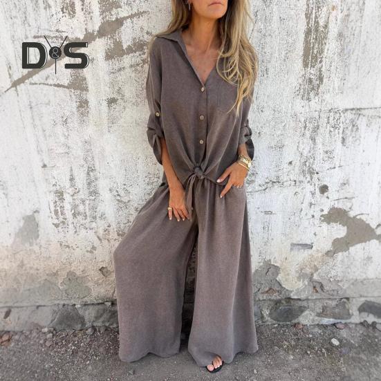 Women's Cotton-Linen Two Piece Outfit Long Sleeve Lapel Button Down Top Matching Wide Leg Pants Casual Loungewear Set