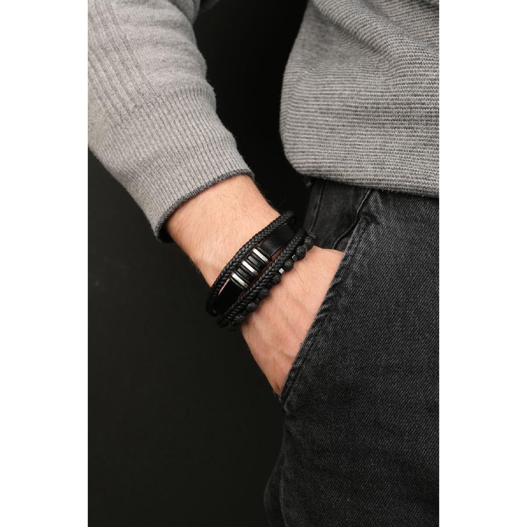 Набор мужских браслетов ручной работы из кожи и натурального камня