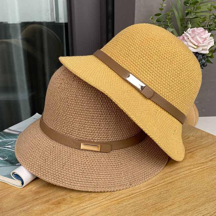 Cotton and linen knitted belt buckle decorative dome hat spring and summer elegant bucket hat ladies sunscreen sunshade basin hat