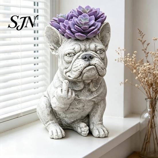 Bulldog Expression Flowerpot Funny Planter Pot Novelty Middle Finger Dog Flower Cute Eye-catching Garden Statue for Outdoor Indoor Office Desk