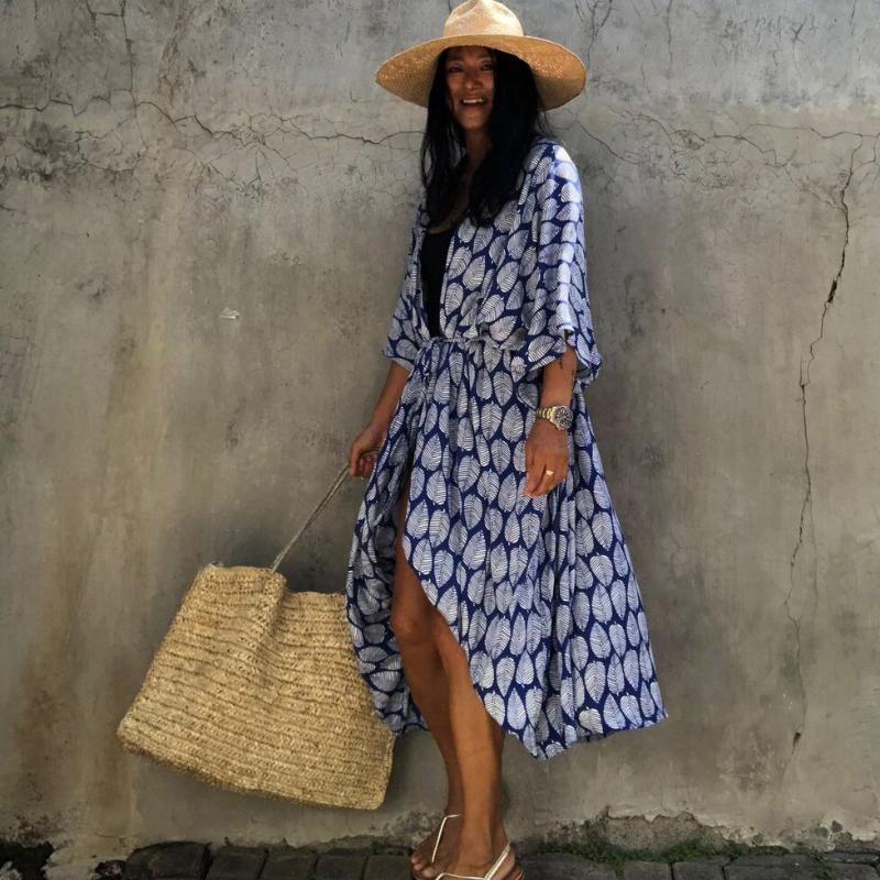 Накидка для купальника, пляжная накидка для женщин, летние листья, принт, длинный кимоно, кардиган, хлопок, пляжная одежда