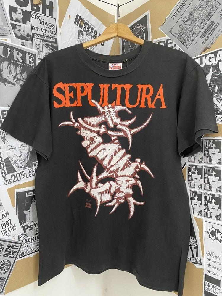 Винтажная футболка группы Sepultura 1991 г. Редкий дизайн Черная унисекс футболка S5XL WA1459